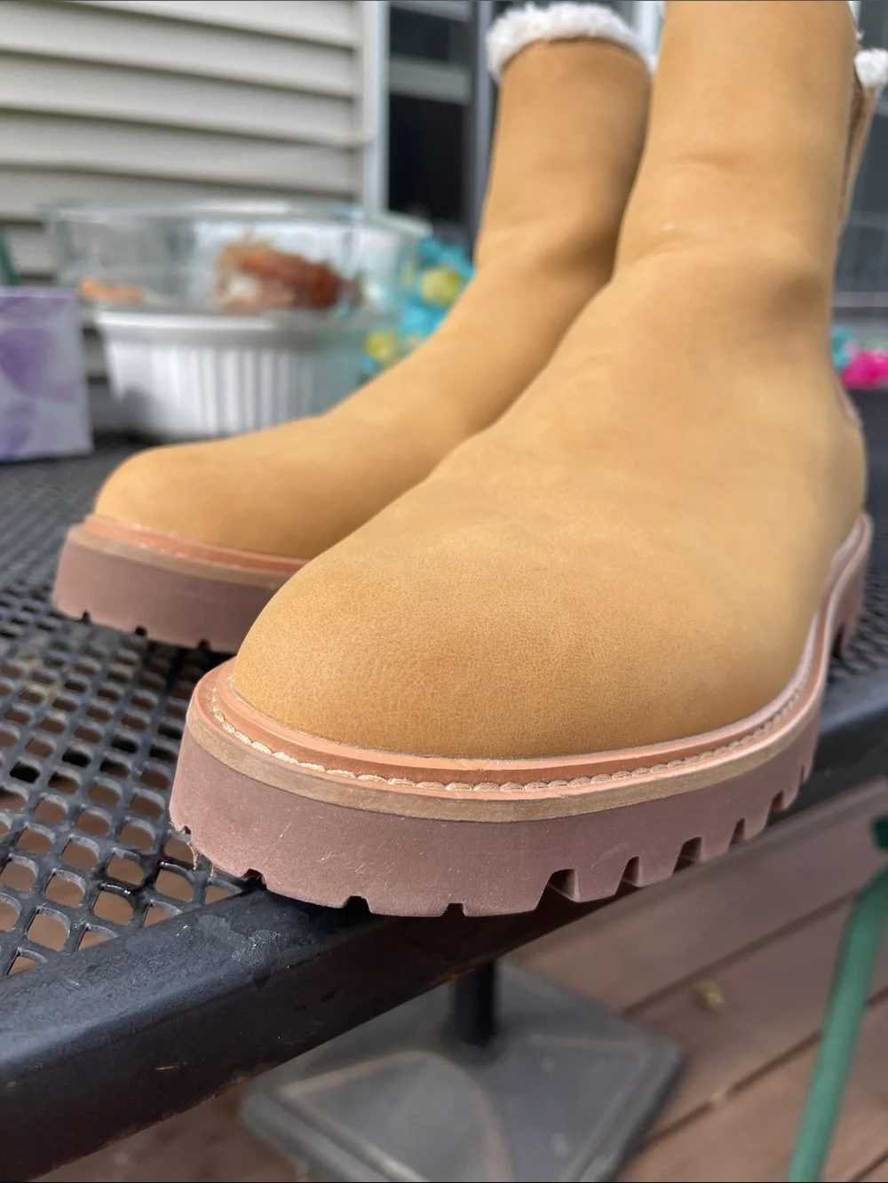 J. Crew Tan Chelsea Ankle Boots with Shearling Collar, faux leather